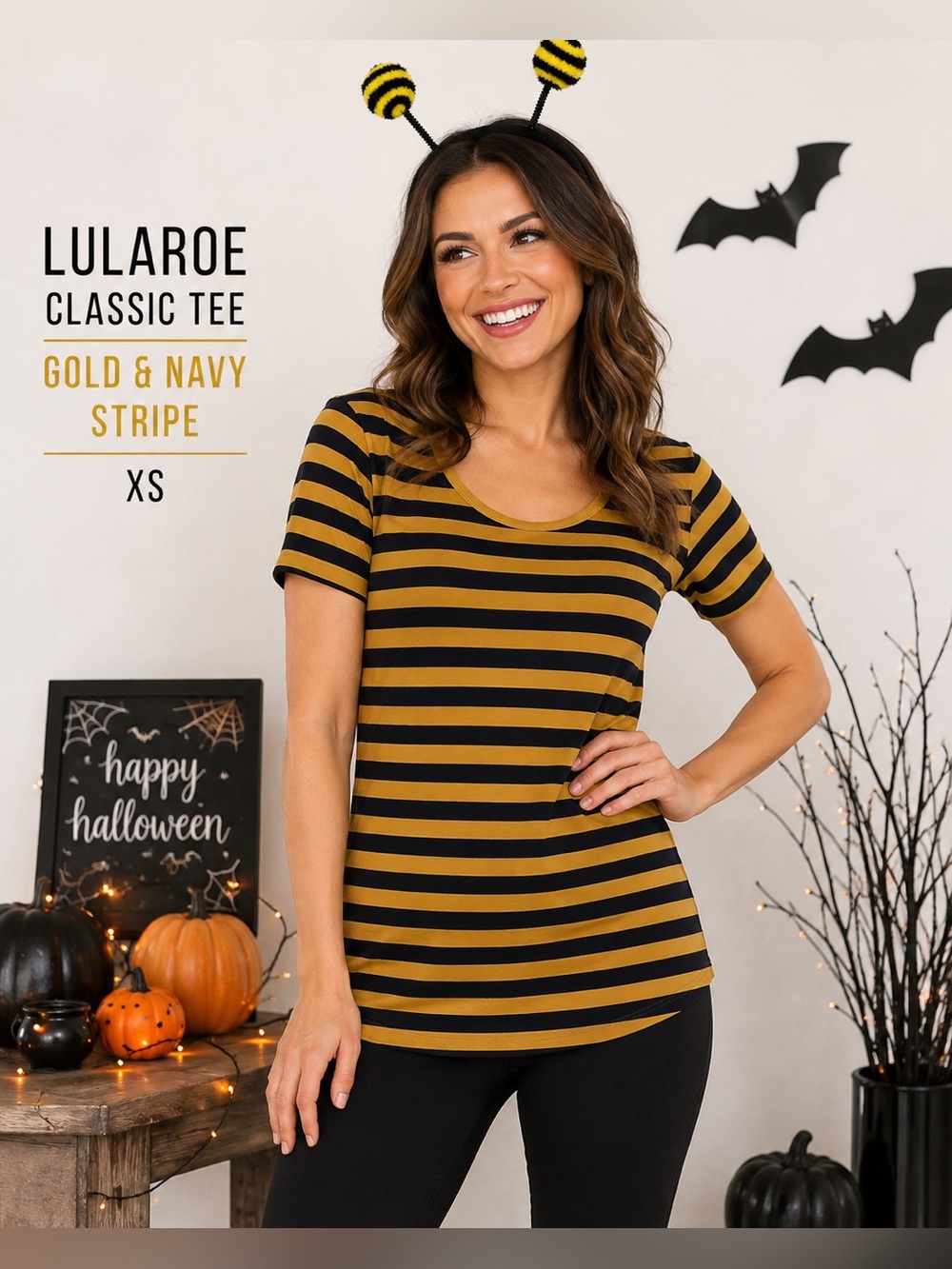LuLaRoe Classic Tee Gold & Navy Striped Hi-Low Top XS
